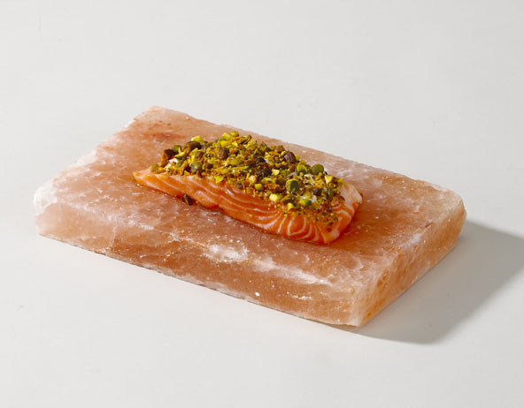 Fancy salmon broiled on Himalayan cooking salt plank (salt block)